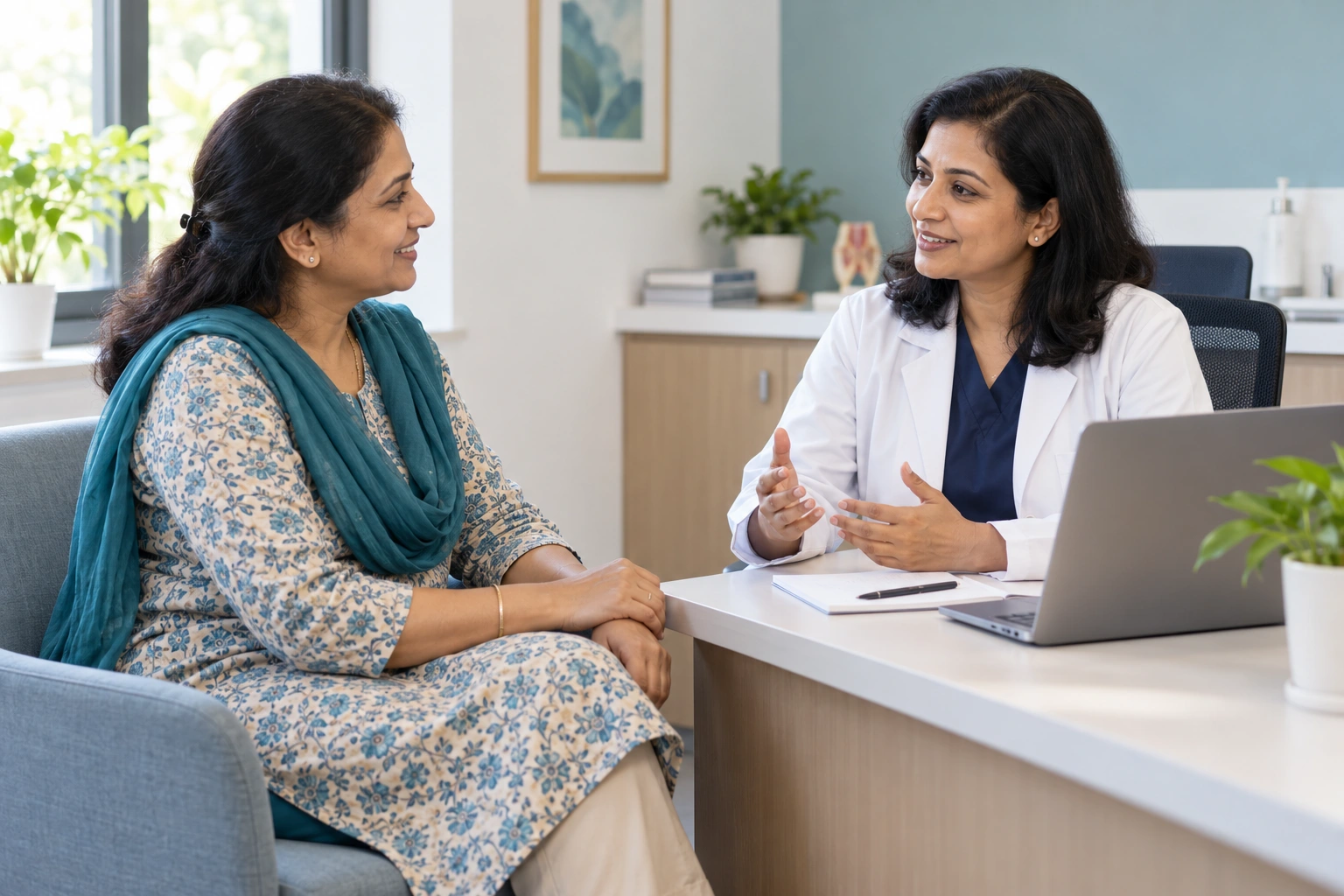 Illustrative clinician and patient discussing follow-up